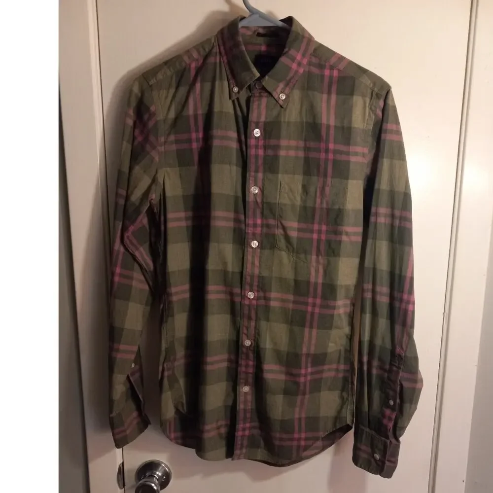 J Crew Slim Fit Olive Green Pink Plaid Button Down Shirt Preppy Heritage XS